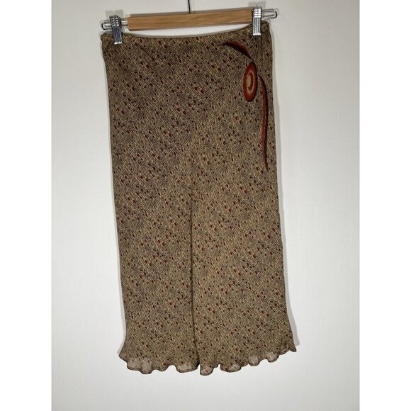 Vintage Y2K Max Studio brown geometric silk lined skirt M ruffle officecore - Picture 1 of 9
